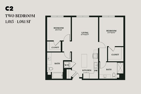 Floor plan for 2 beds, 2 baths, 1041 sqft
